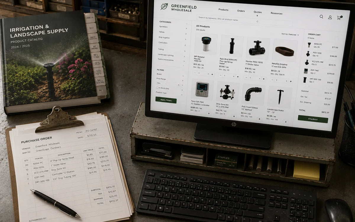 Computer monitor displaying a b2b irrigation product catalog on a desk with a notebook and pen.