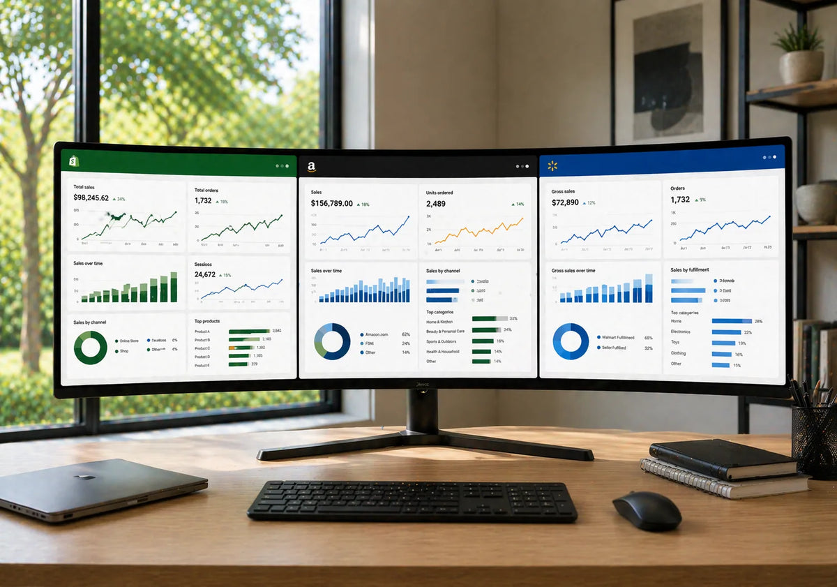 Triple-monitor desk setup displaying ecommerce analytics dashboards with bar charts, line graphs, and performance metrics in Fieldcraft Commerce brand colors