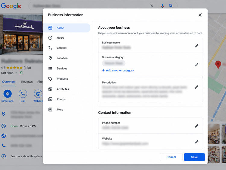 Google Business Profile editor open on a retail store's business information settings