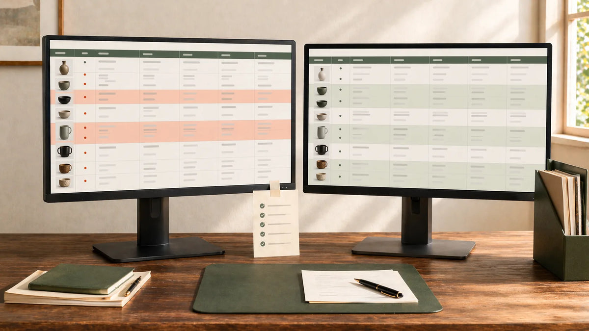 Dual-monitor workstation displaying a product catalog audit spreadsheet with red-flagged data issues and green-verified listings