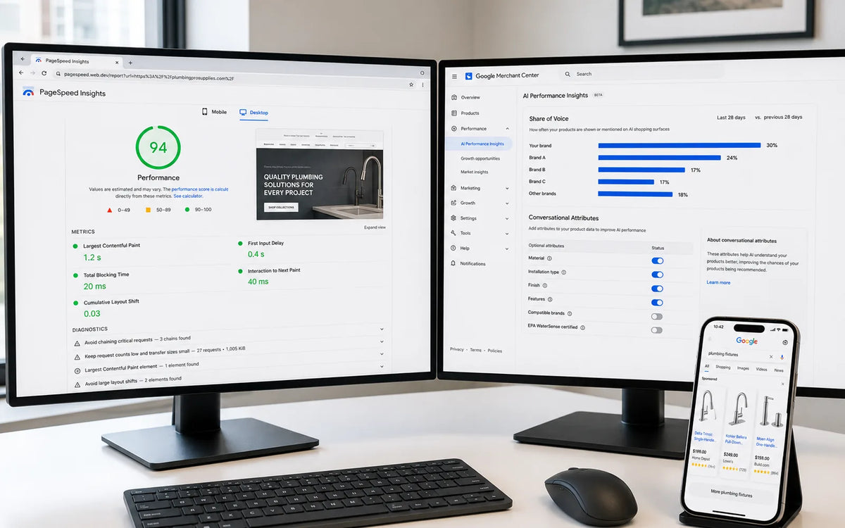 Shopify Pagespeed Audit Dual Monitors and Cellphone Comparing Plumbing Site