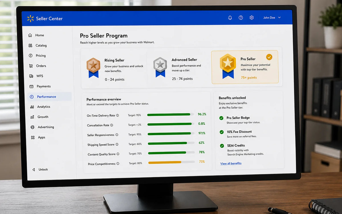 Computer monitor displaying the Walmart Pro Seller Program on a desk with a blurred background