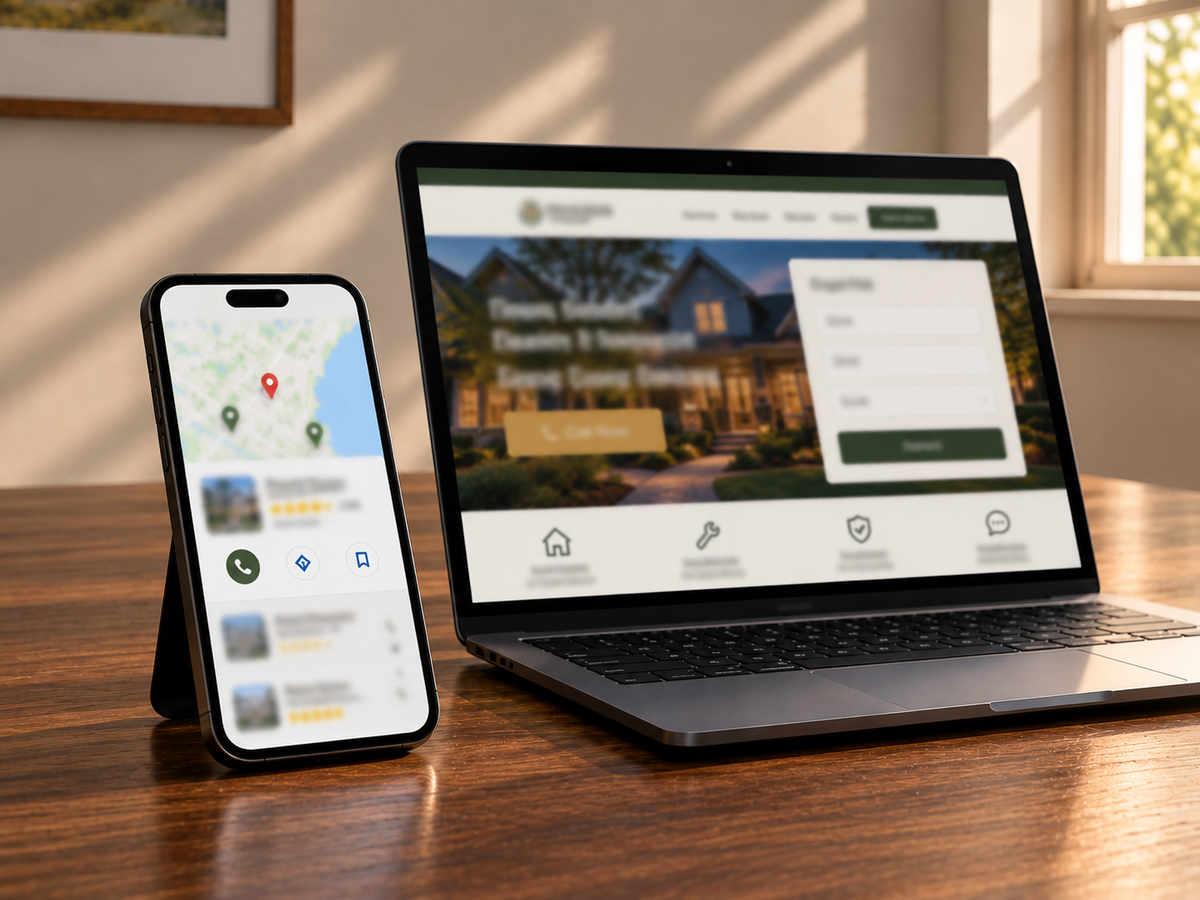 Smartphone showing a local map search with business listings, beside a laptop showing a local service website with a click-to-call button
